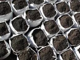 Bags of soil for gardening or transplanting plants.
